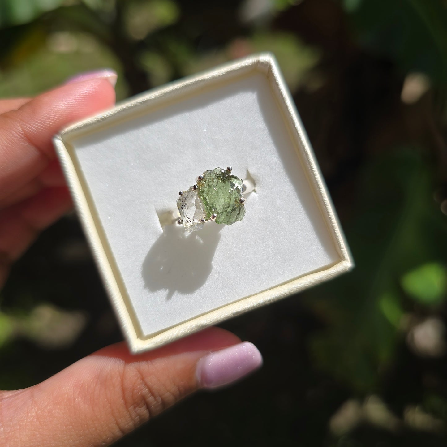 Moldavite and Herkimer Diamond Ring - Size 7