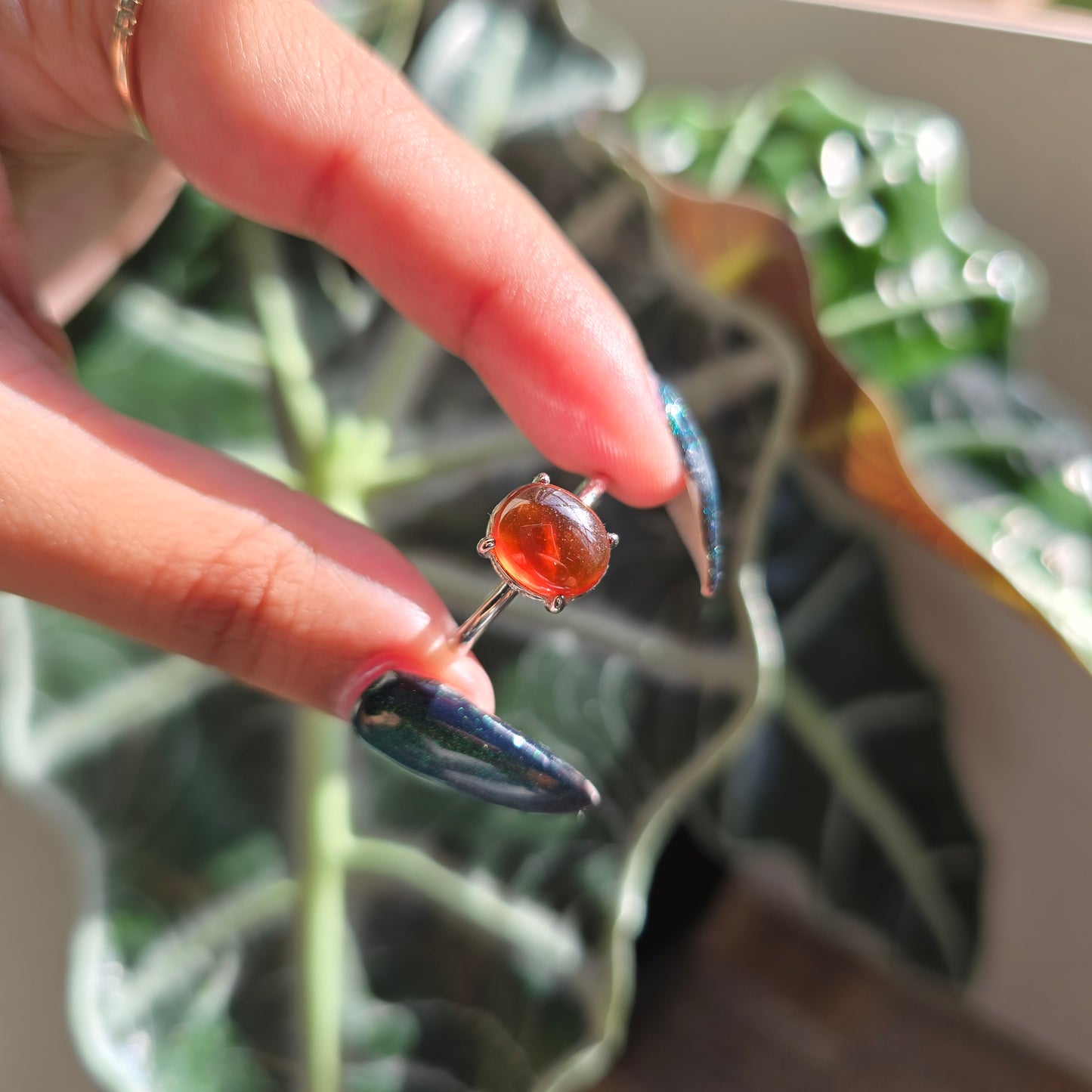 Adjustable Silver Plated Brass Ring - Garnet