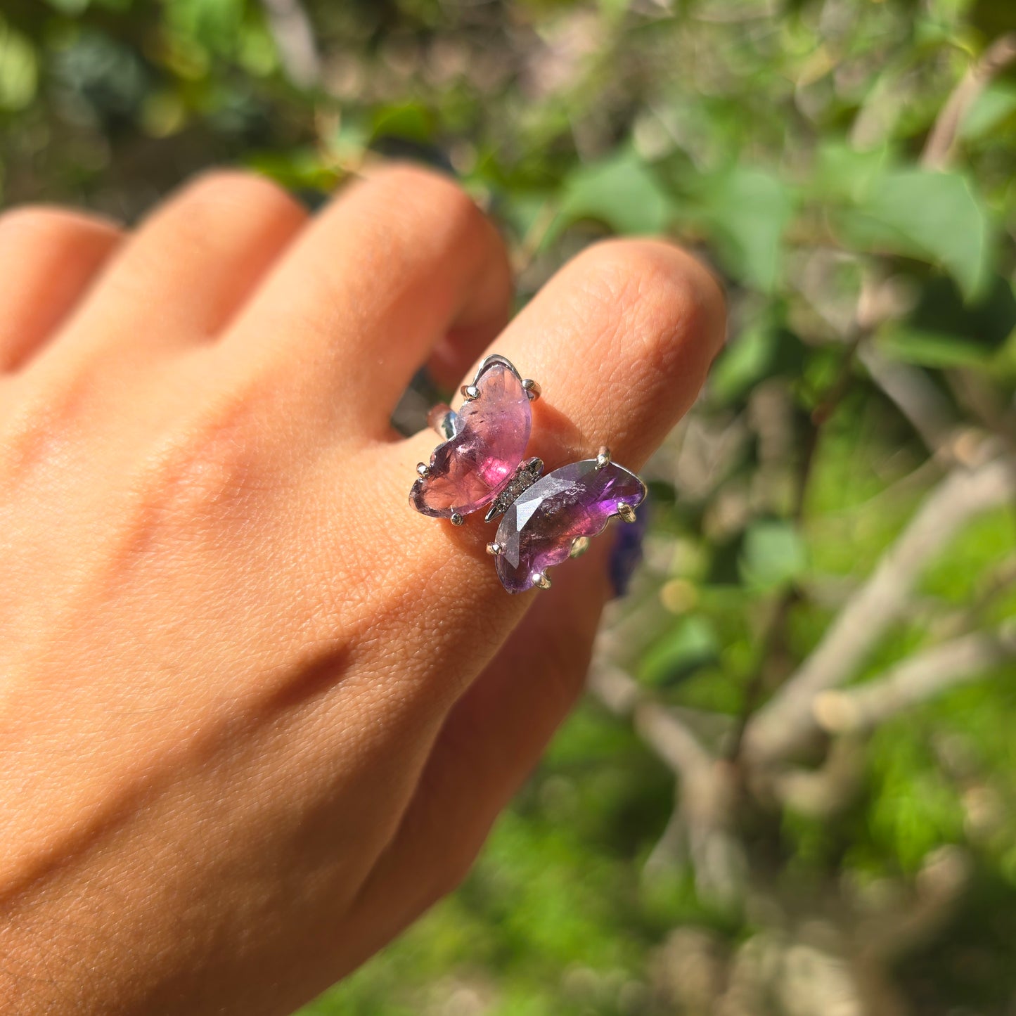 Adjustable Silver Plated Brass Ring - Amethyst