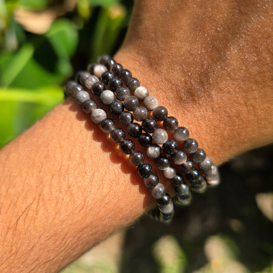 3-4mm Silver Sheen Obsidian Gemstone Bracelet