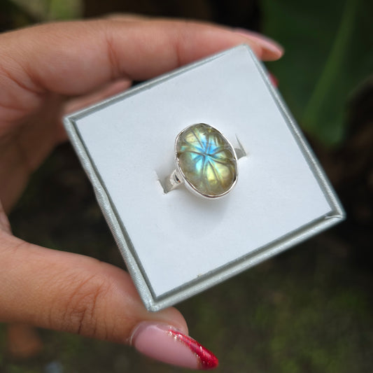 Carved Multi Fire Labradorite Ring - Size 5