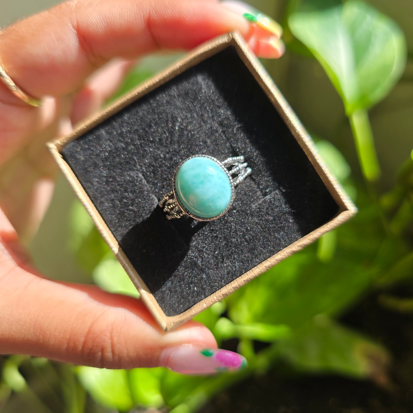 Adjustable Silver Plated Brass Ring - Larimar