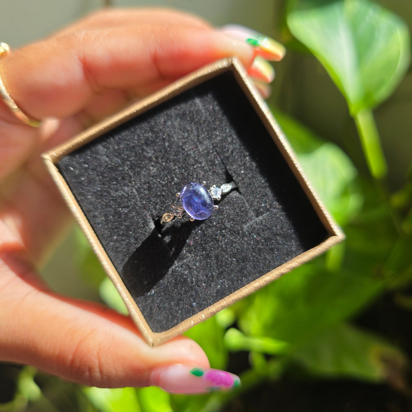 Adjustable Silver Plated Brass Ring - Iolite