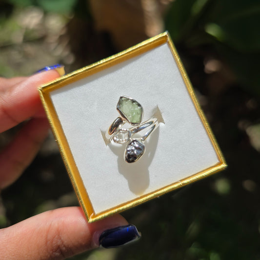 Moldavite, Herkimer Diamond and Campo del Cielo Ring - Size 5