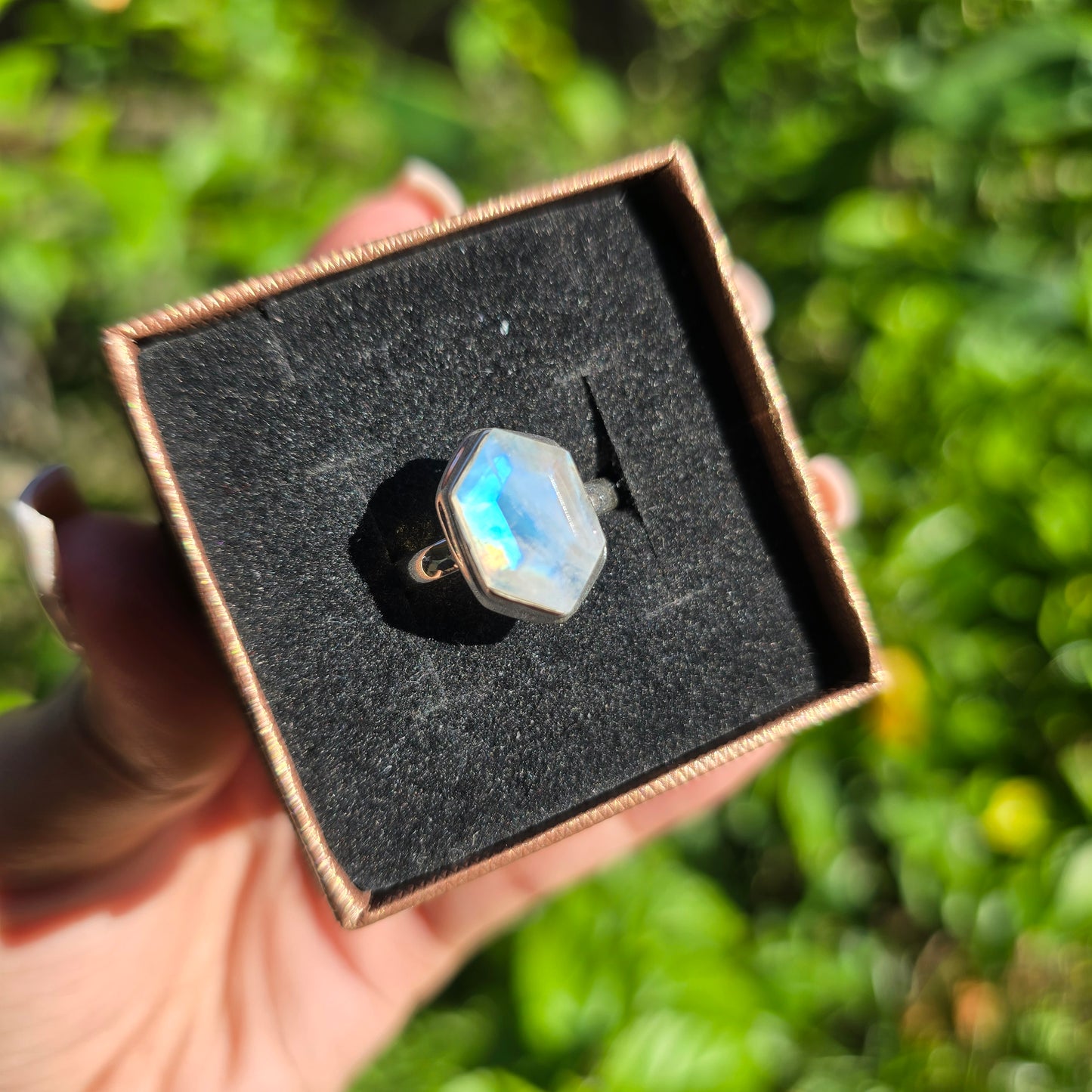 Faceted Rainbow Moonstone Ring - Size 7