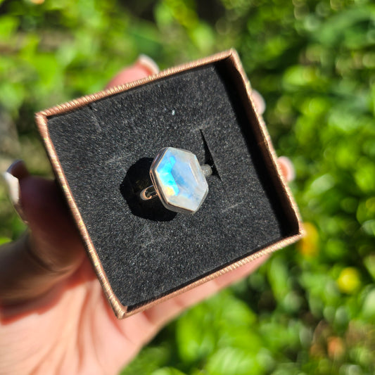 Faceted Rainbow Moonstone Ring - Size 7