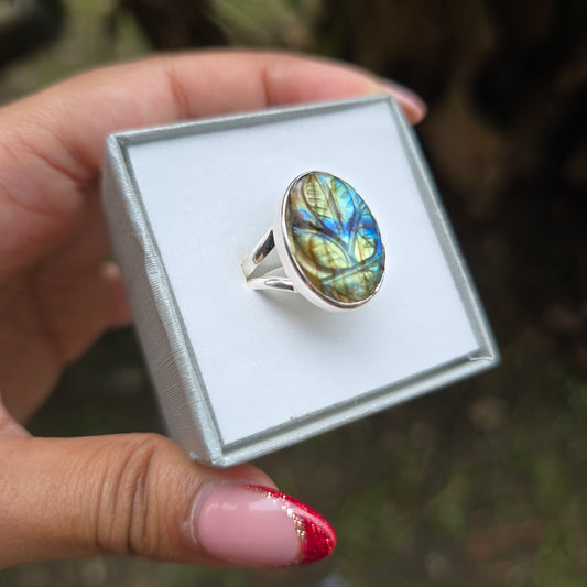 Carved Multi Fire Labradorite Ring - Size 8