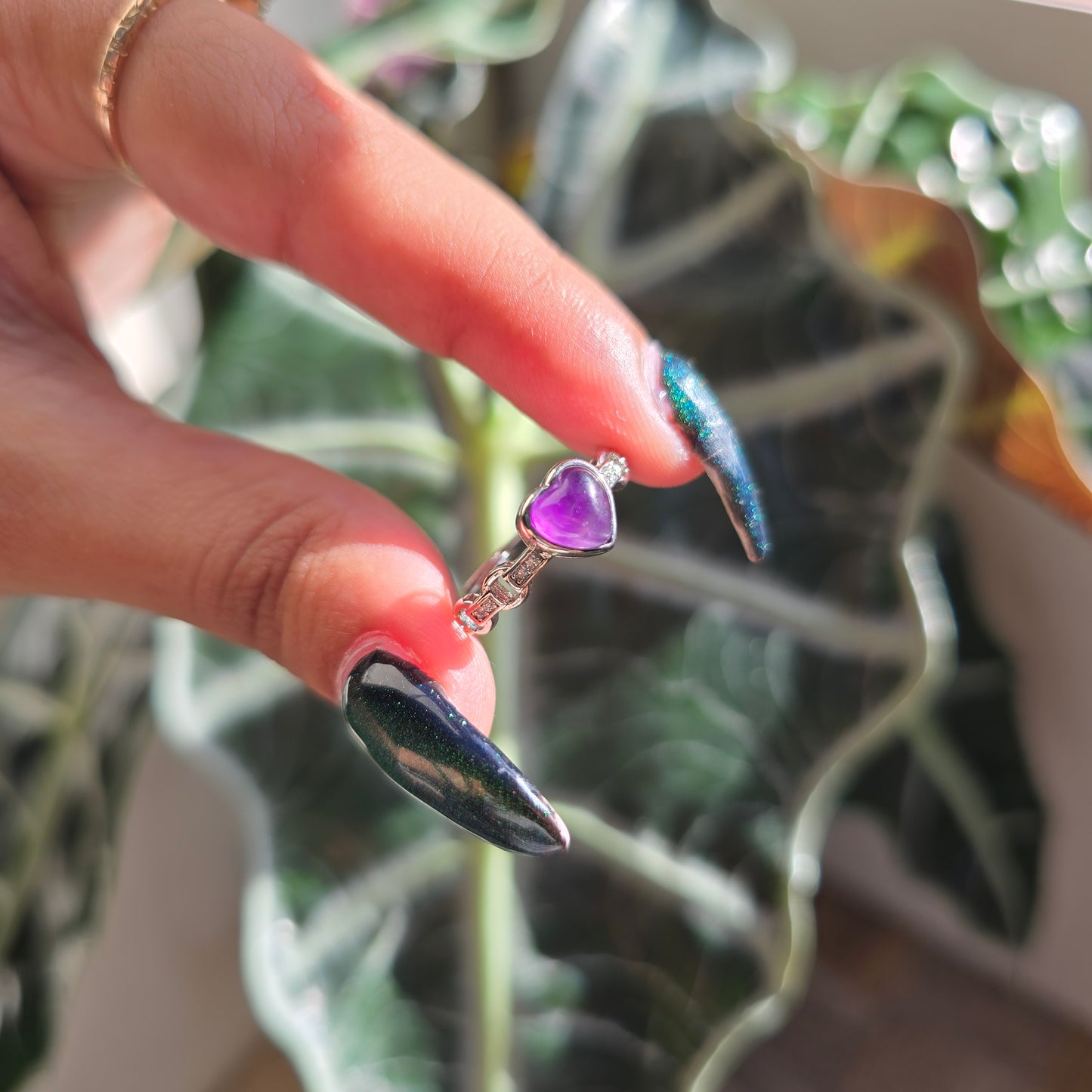 Adjustable Silver Plated Brass Ring - Amethyst