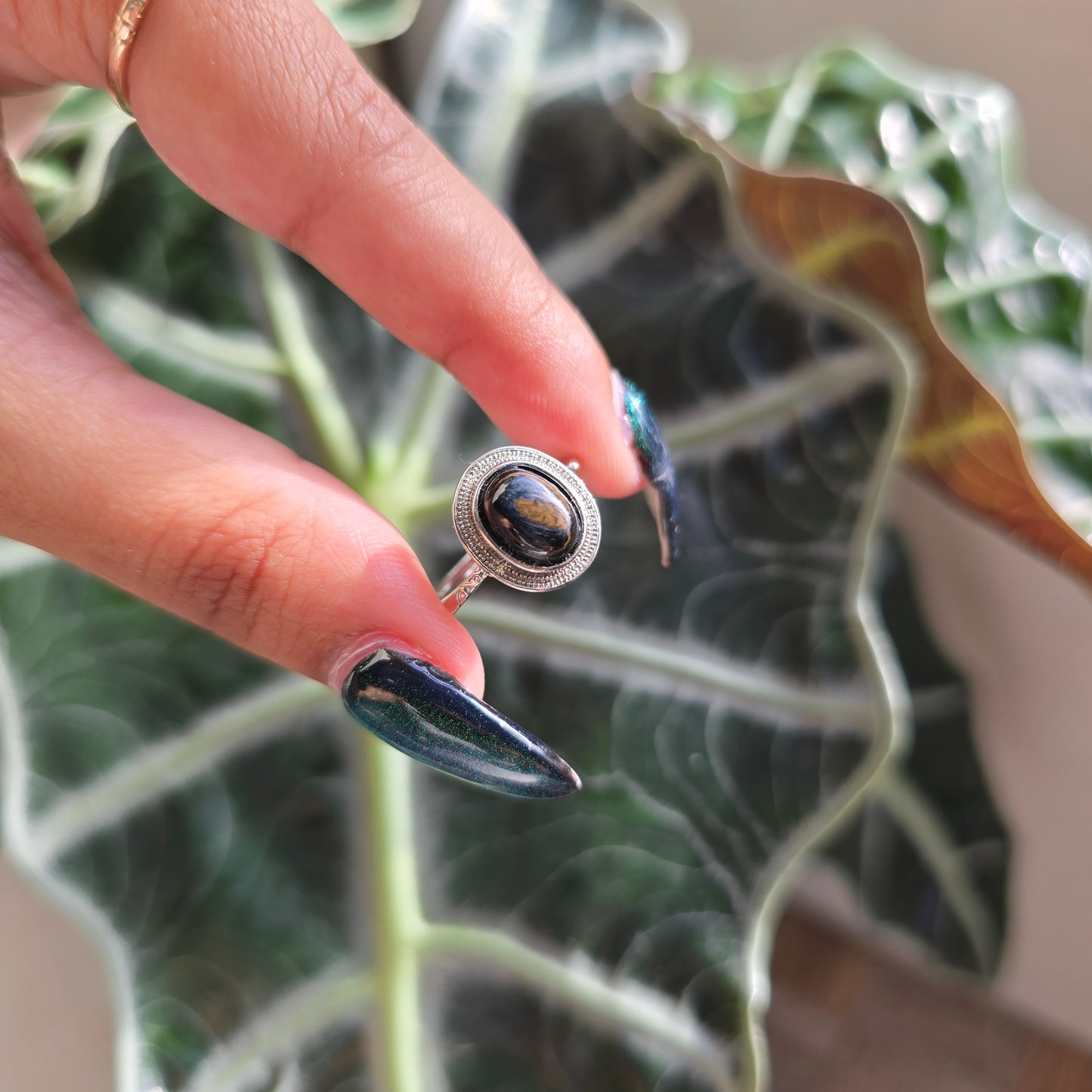 Adjustable Silver Plated Brass Ring - Hawk's Eye