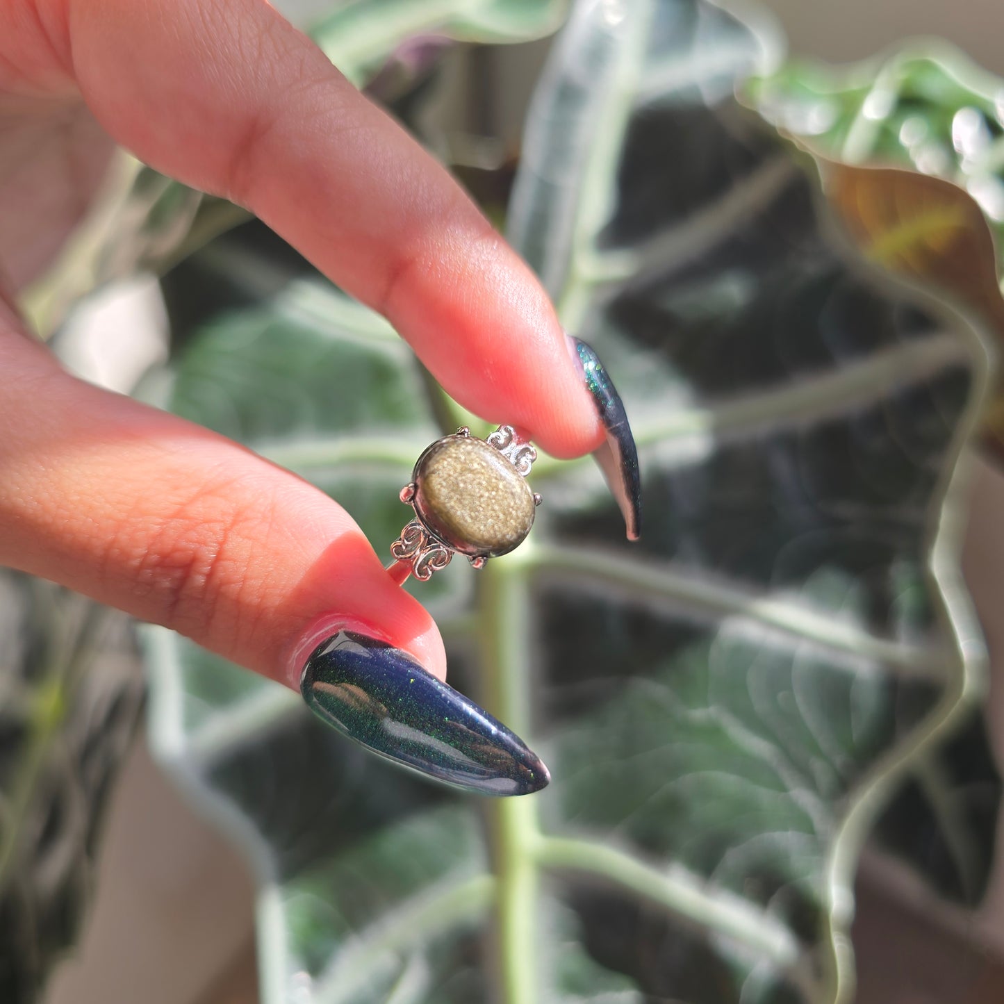 Adjustable Silver Plated Brass Ring - Gold Sheen Obsidian