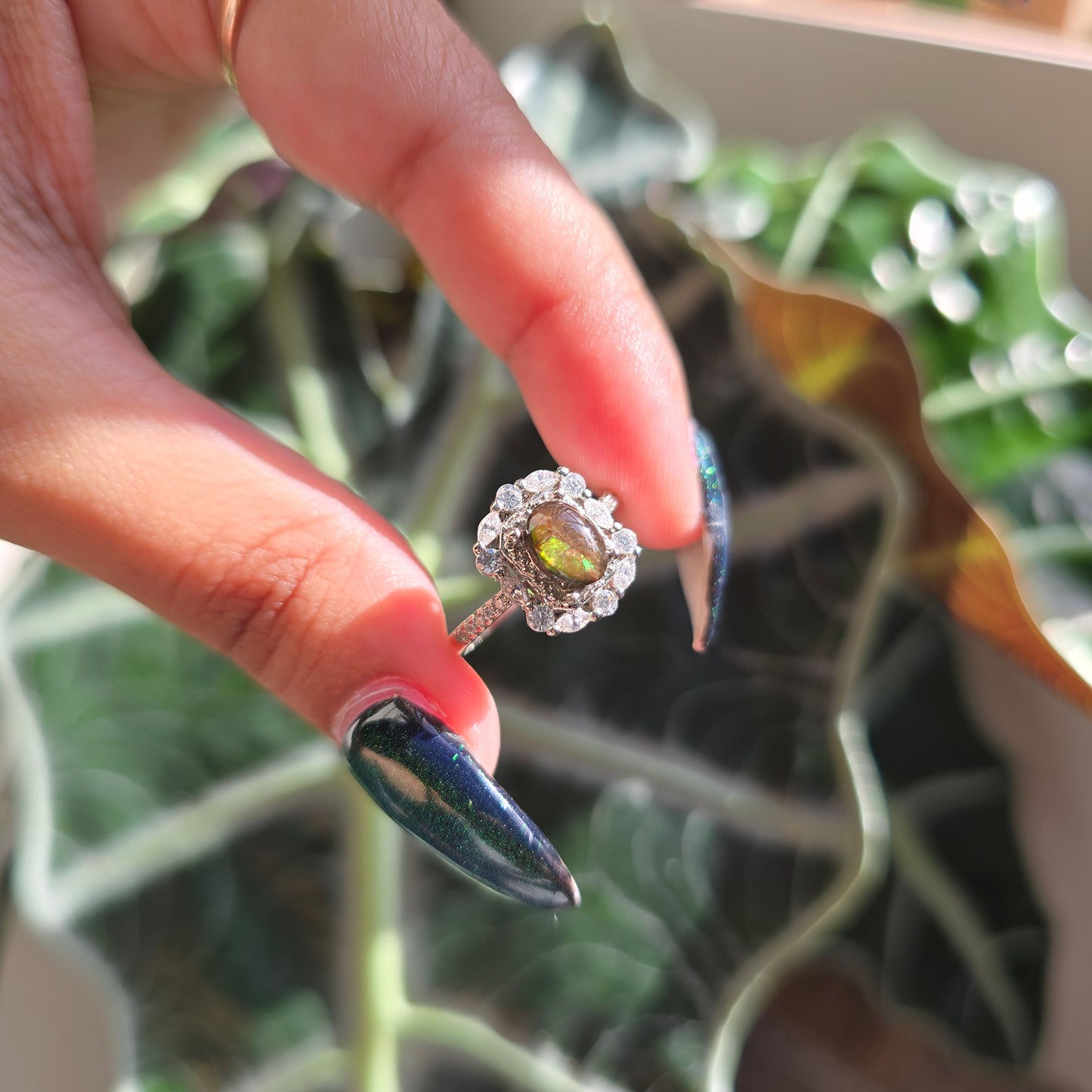 Adjustable Silver Plated Brass Ring - Ammolite