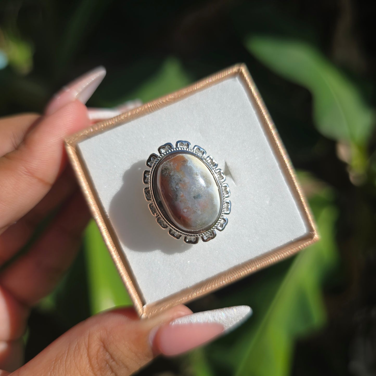 Silver Plated Ocean Jasper Ring - Adjustable