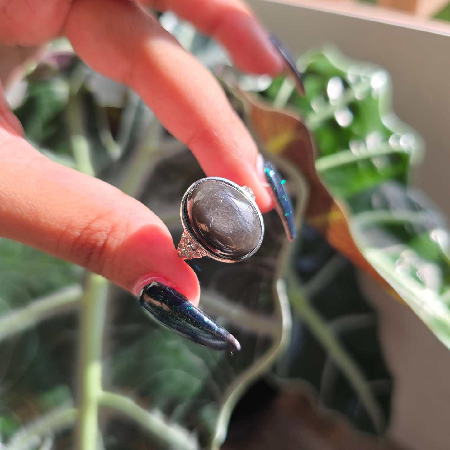 Adjustable Silver Plated Brass Ring - Silver Sheen Obsidian