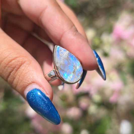 Raw Rainbow Moonstone Ring - Size 9