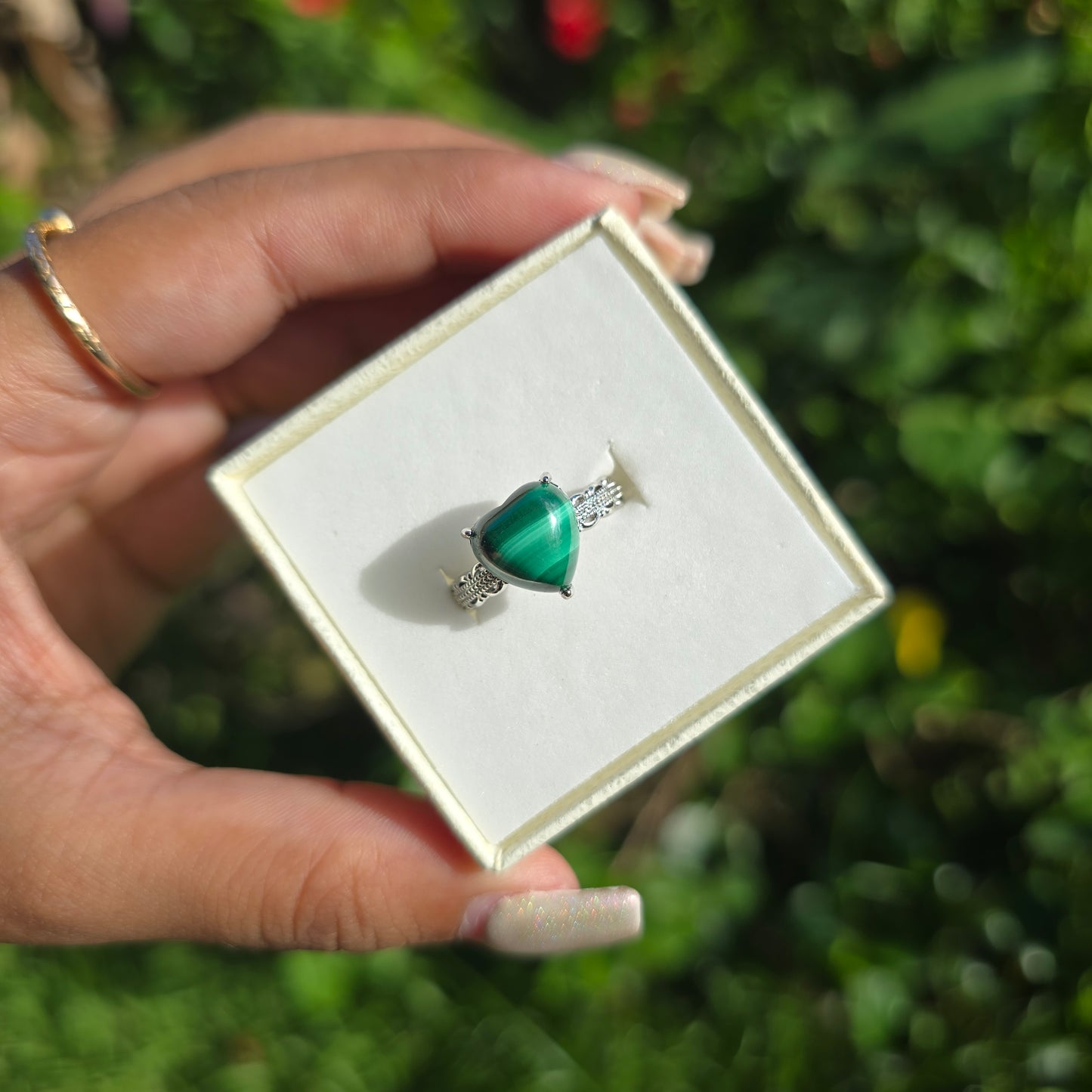 Adjustable Silver Plated Brass Ring - Malachite