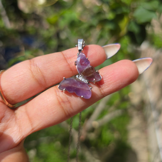 Silver Plated Brass Butterfly Pendant - Amethyst