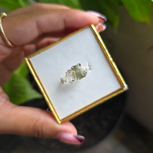 Moldavite and Herkimer Diamond Ring - Size 8