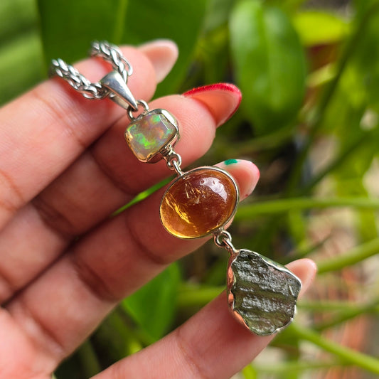 Ethiopian Opal, Citrine & Moldavite Pendant
