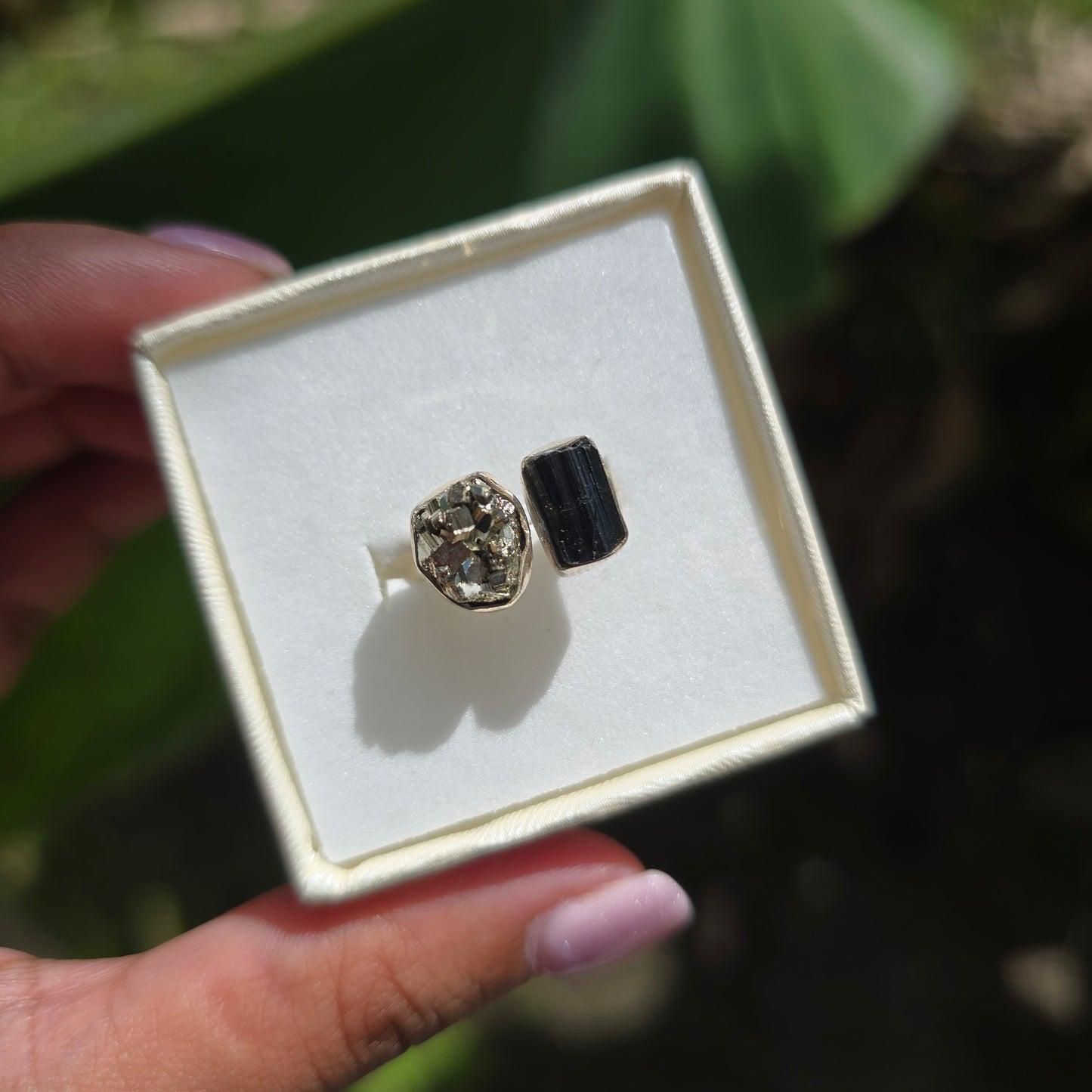 Black Tourmaline and Pyrite Ring - Size 7