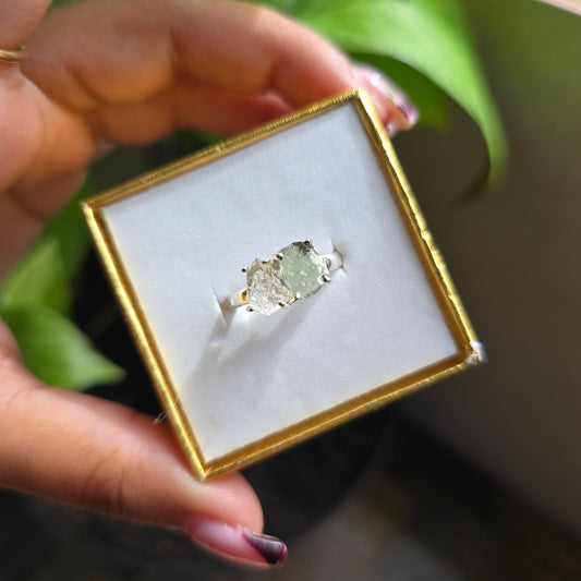 Moldavite and Herkimer Diamond Ring - Size 7