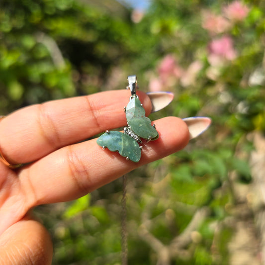 Silver Plated Brass Butterfly Pendant - Moss Agate