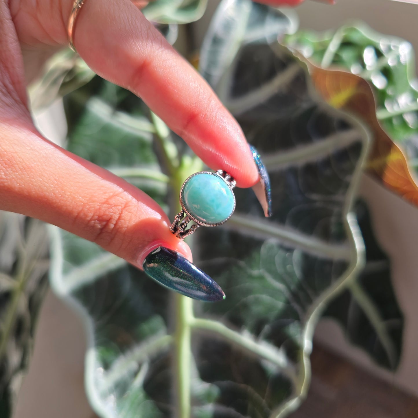 Adjustable Silver Plated Brass Ring - Larimar