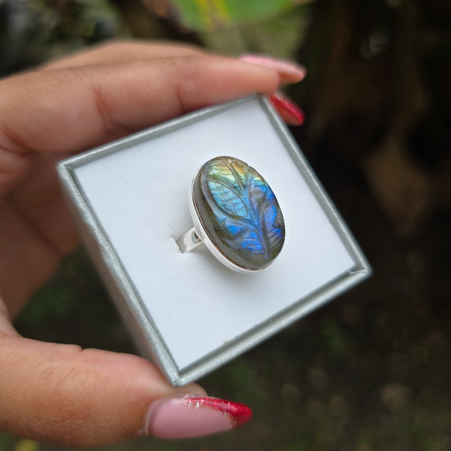 Carved Multi Fire Labradorite Ring - Size 7