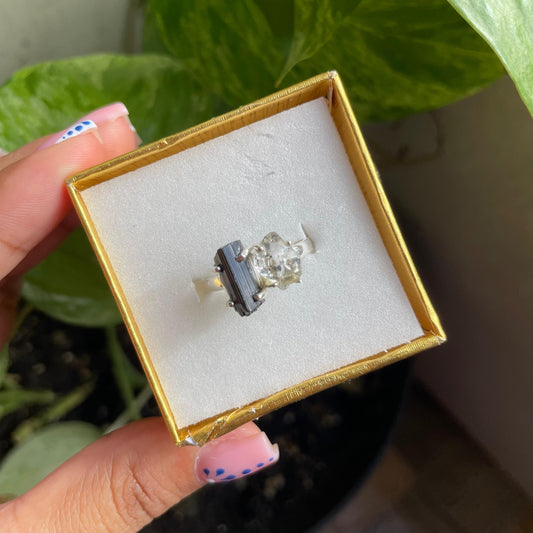 Black Tourmaline and Herkimer Diamond Ring - Size 8