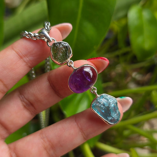 Moldavite, Amethyst & Blue Apatite Pendant