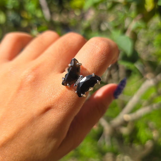 Adjustable Silver Plated Brass Ring - Black Obsidian