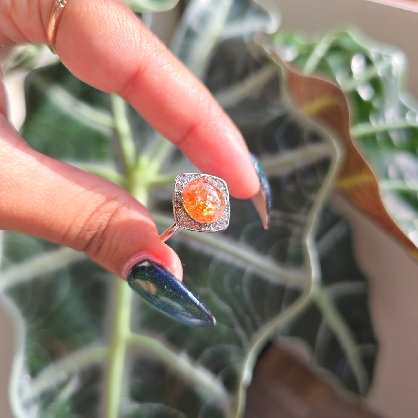 Adjustable Silver Plated Brass Ring - Sunstone