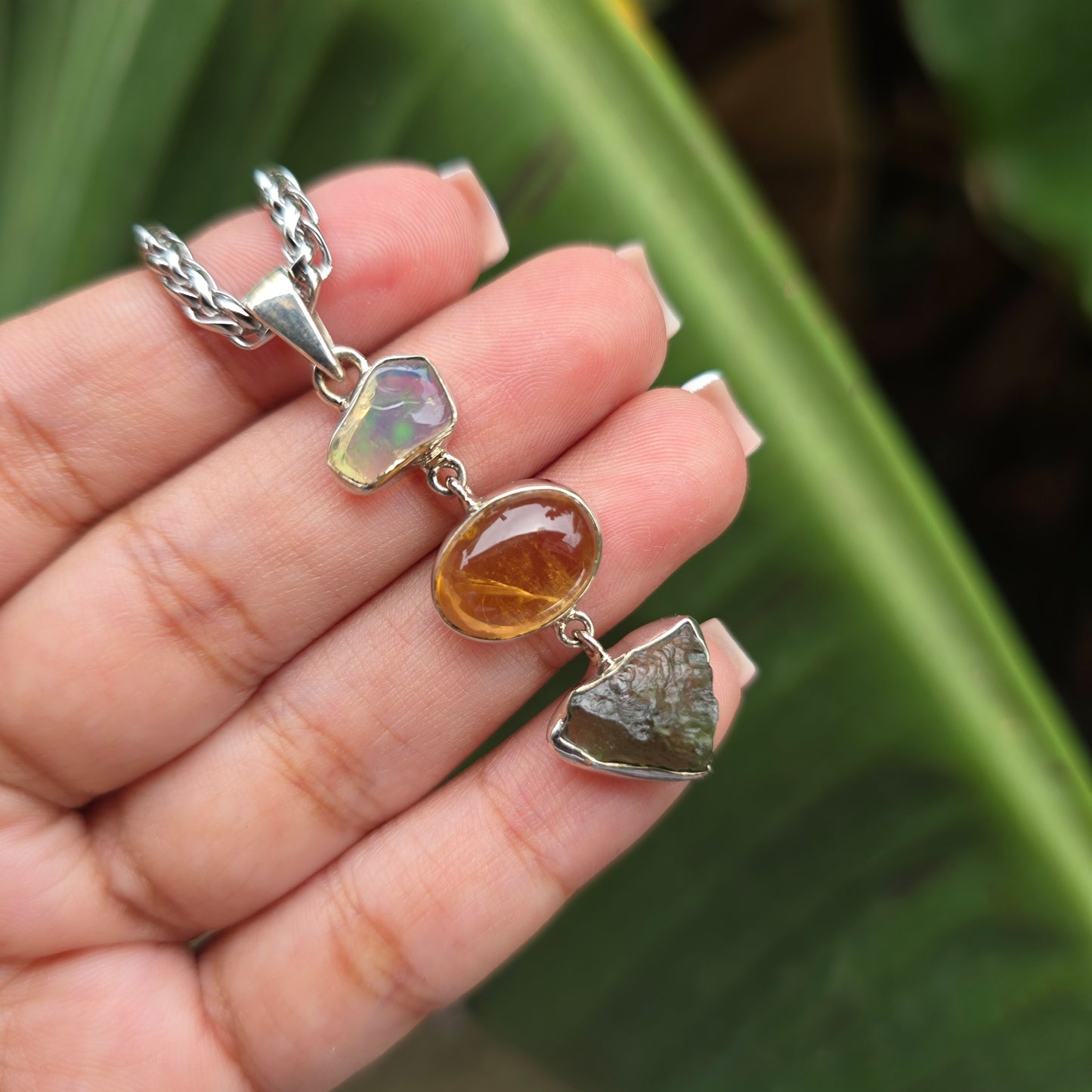 Ethiopian Opal, Citrine and Moldavite Pendant
