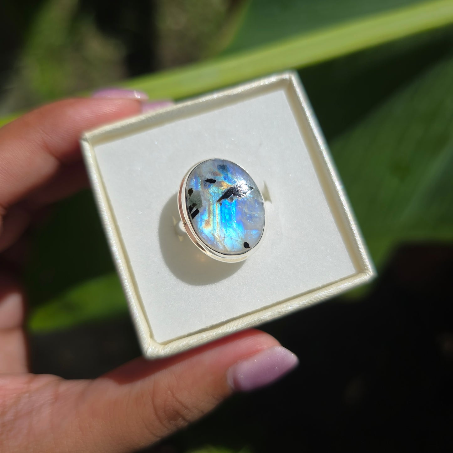 Rainbow Moonstone with Black Mica Ring - Size 6