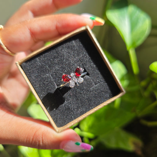 Adjustable Silver Plated Brass Ring - Garnet