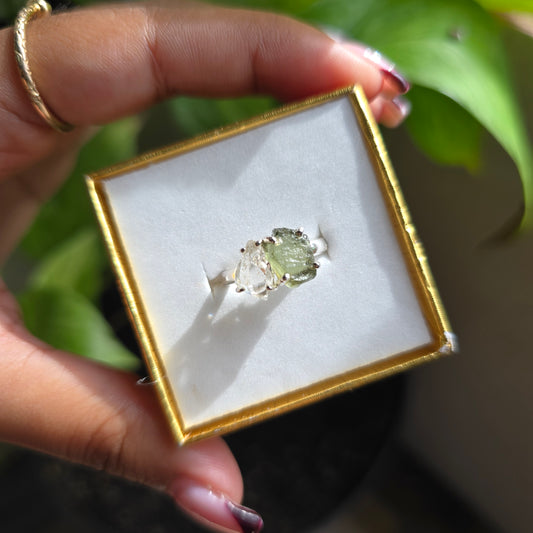 Moldavite and Herkimer Diamond Ring - Size 6