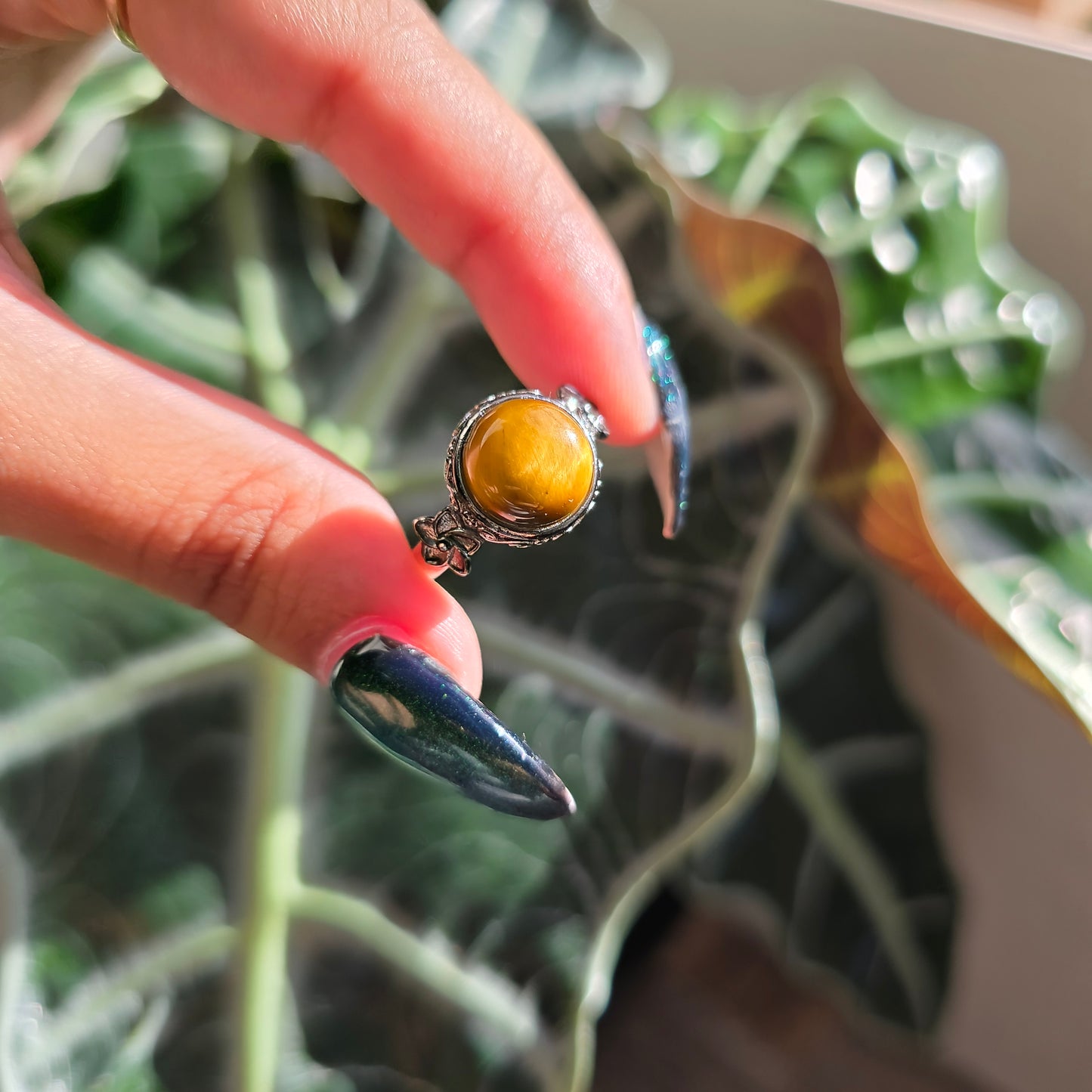 Adjustable Silver Plated Brass Ring - Tiger's Eye