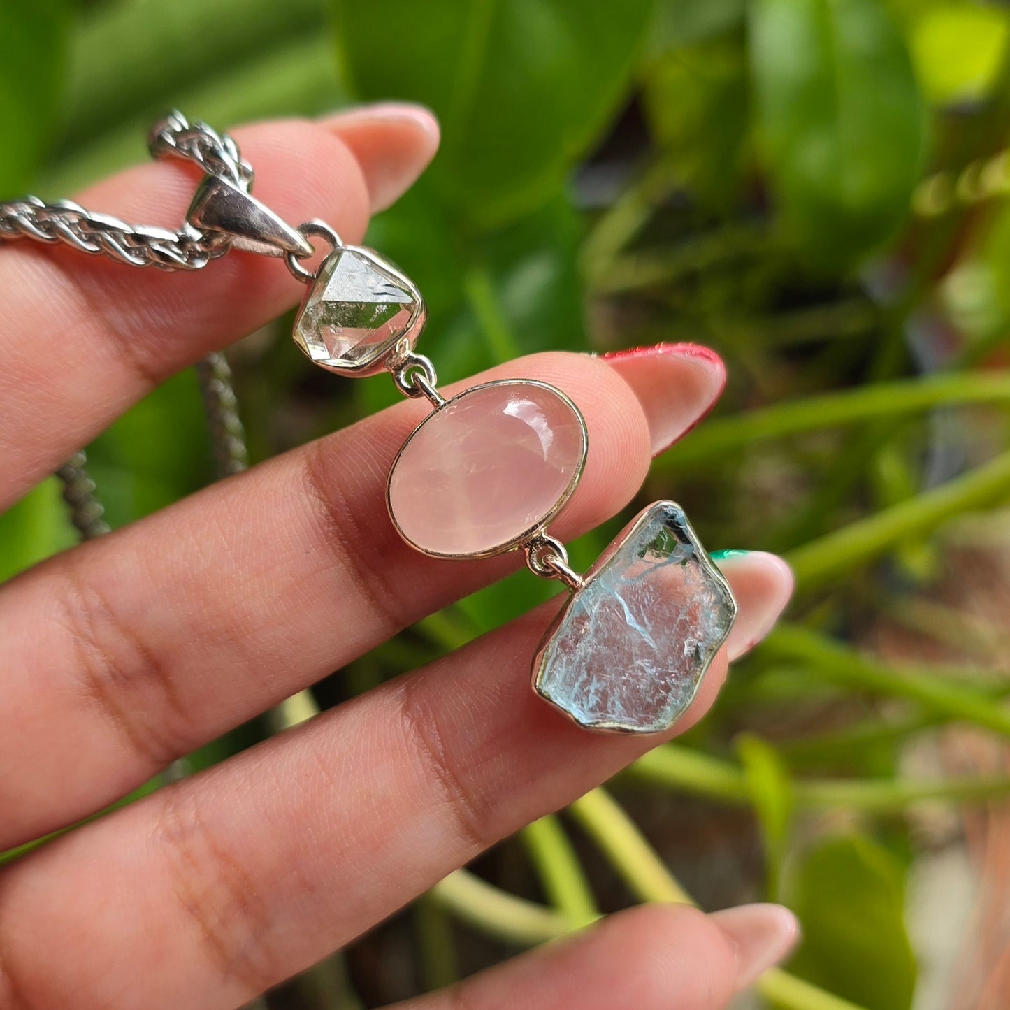 Herkimer Diamond, Rose Quartz & Aquamarine Pendant