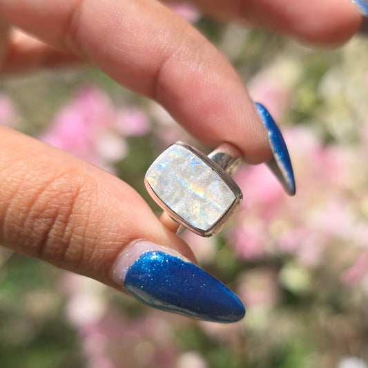 Raw Rainbow Moonstone Ring - Size 6.5
