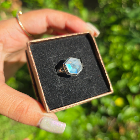 Faceted Rainbow Moonstone Ring - Size 8