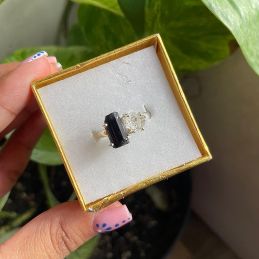 Black Tourmaline and Herkimer Diamond Ring - Size 9