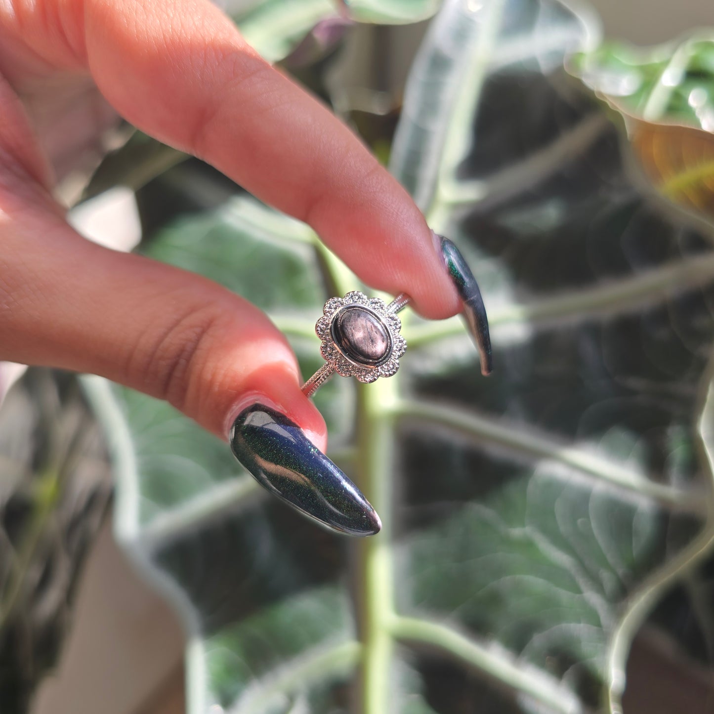 Adjustable Silver Plated Brass Ring - Hypersthene