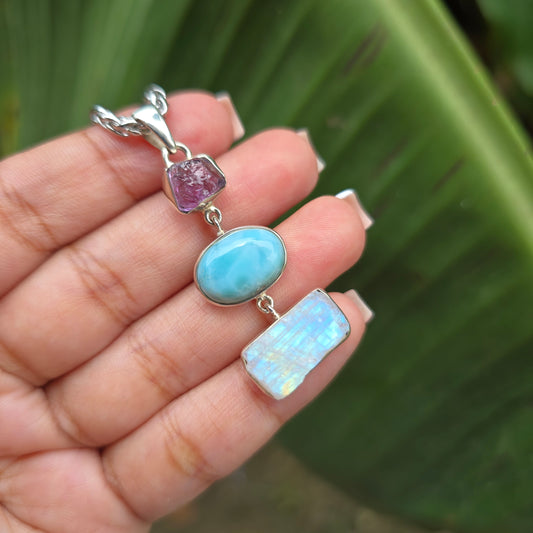 Amethyst, Larimar and Rainbow Moonstone Pendant