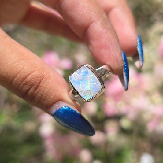 Raw Rainbow Moonstone Ring - Size 7.5