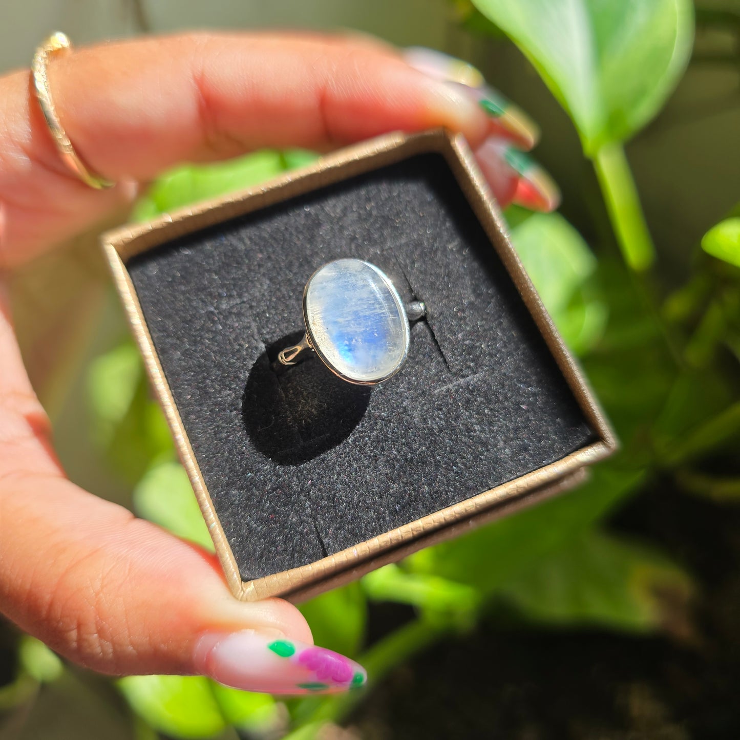 Adjustable Silver Plated Brass Ring - Rainbow Moonstone