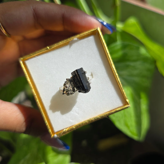 Black Tourmaline and Pyrite Ring - Size 8