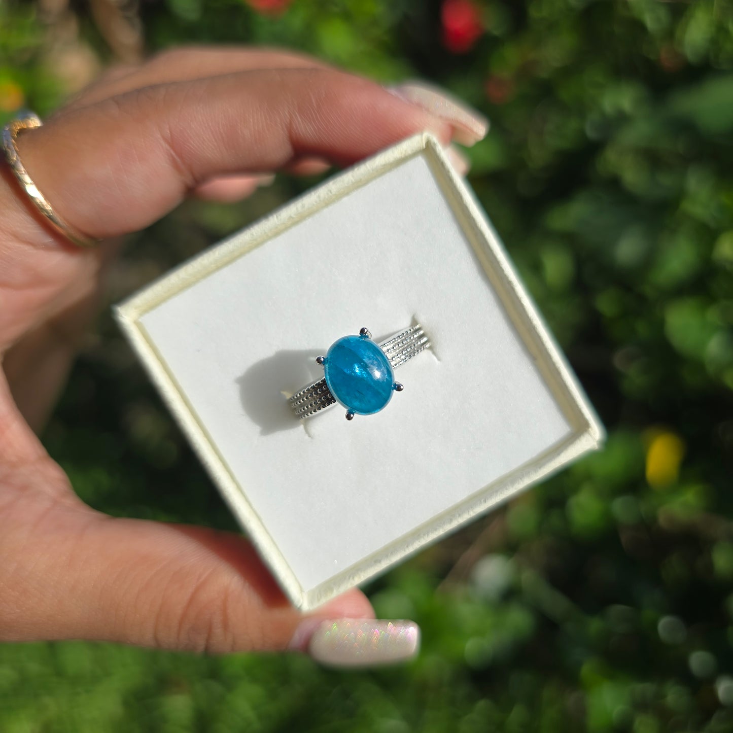 Adjustable Silver Plated Brass Ring - Blue Apatite