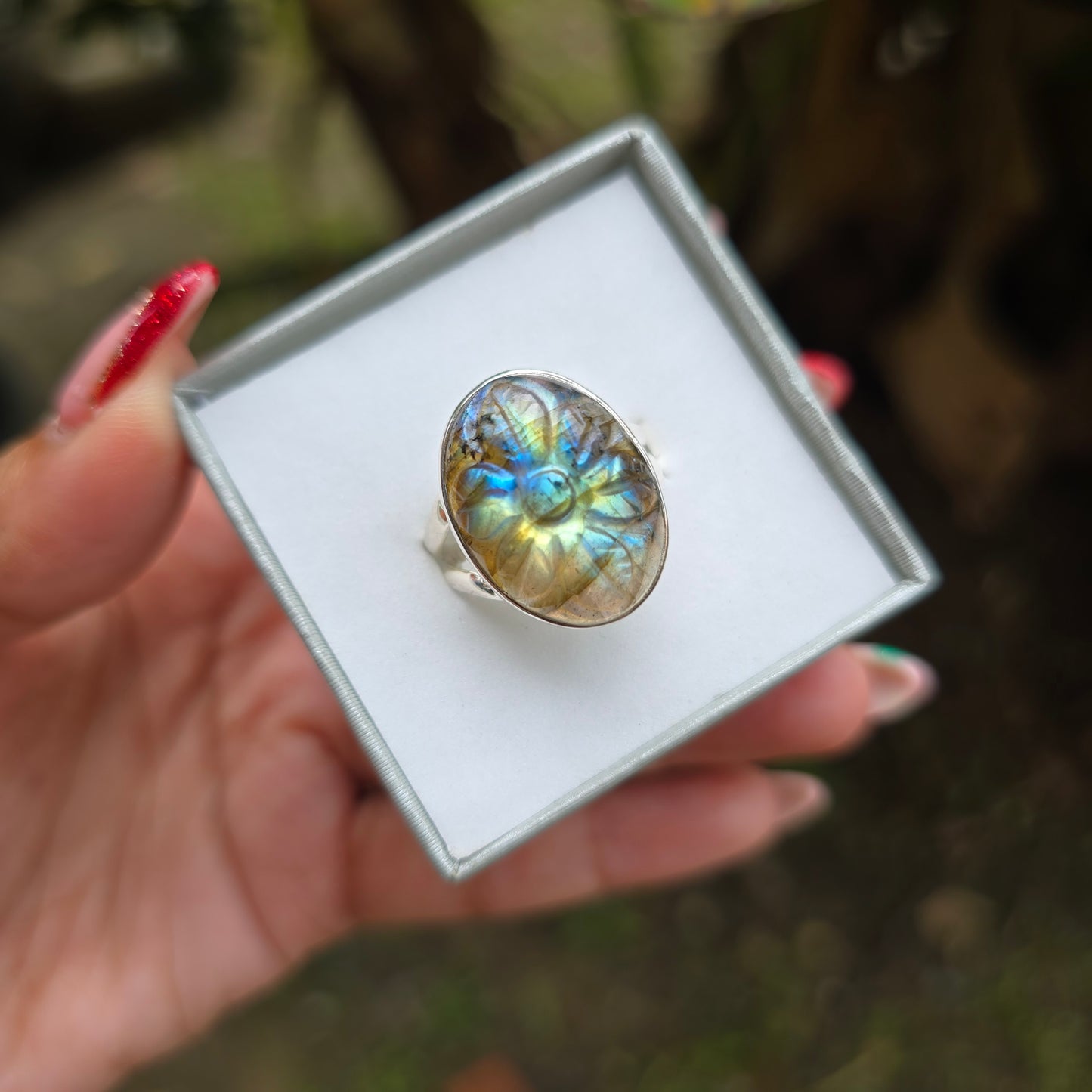 Carved Multi Fire Labradorite Ring - Size 9