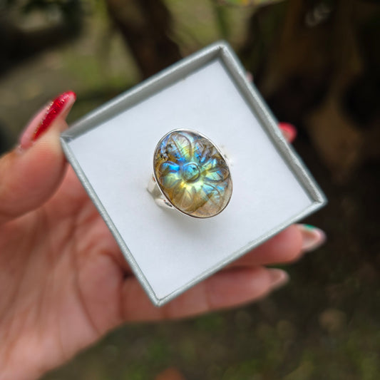 Carved Multi Fire Labradorite Ring - Size 9