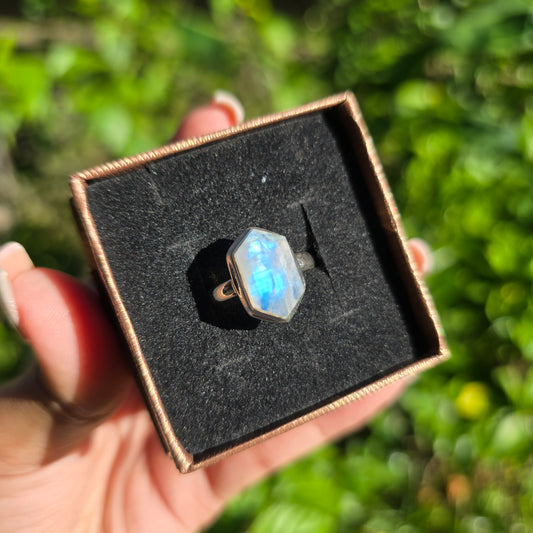 Faceted Rainbow Moonstone Ring - Size 7
