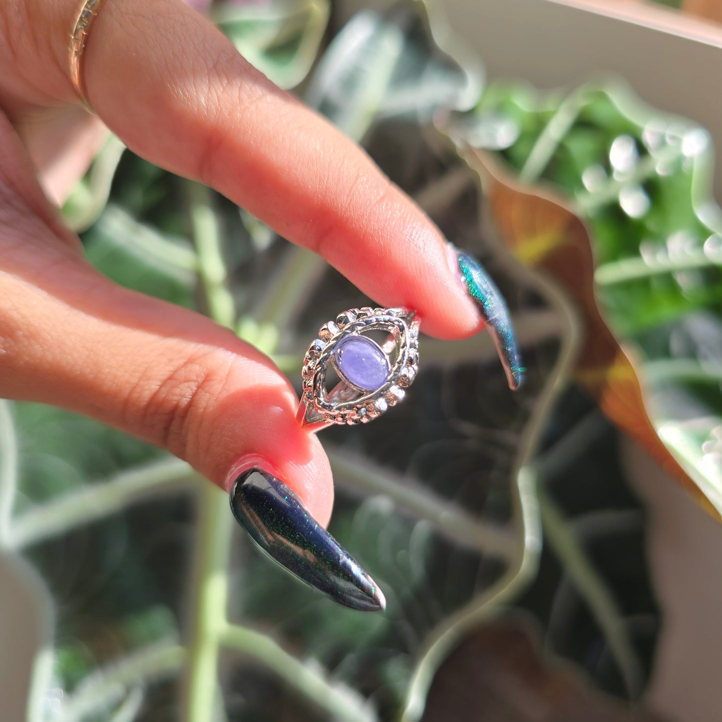 Adjustable Silver Plated Brass Ring - Tanzanite
